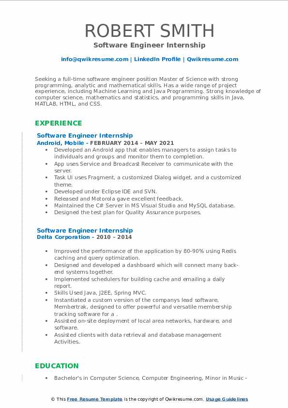 Software Engineer Internship Resume Samples QwikResume