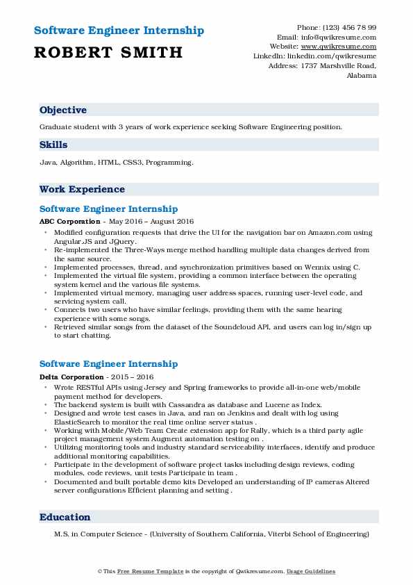 Software Engineer Internship Resume Samples QwikResume