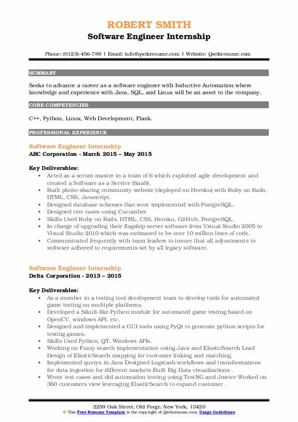 Software Engineer Internship Resume Samples QwikResume