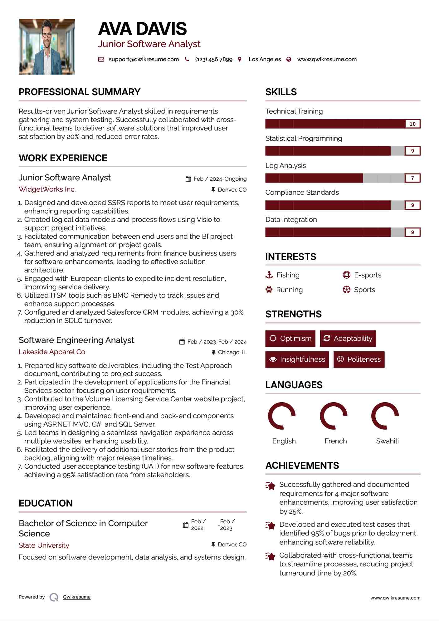 Junior Software Analyst Resume Example
