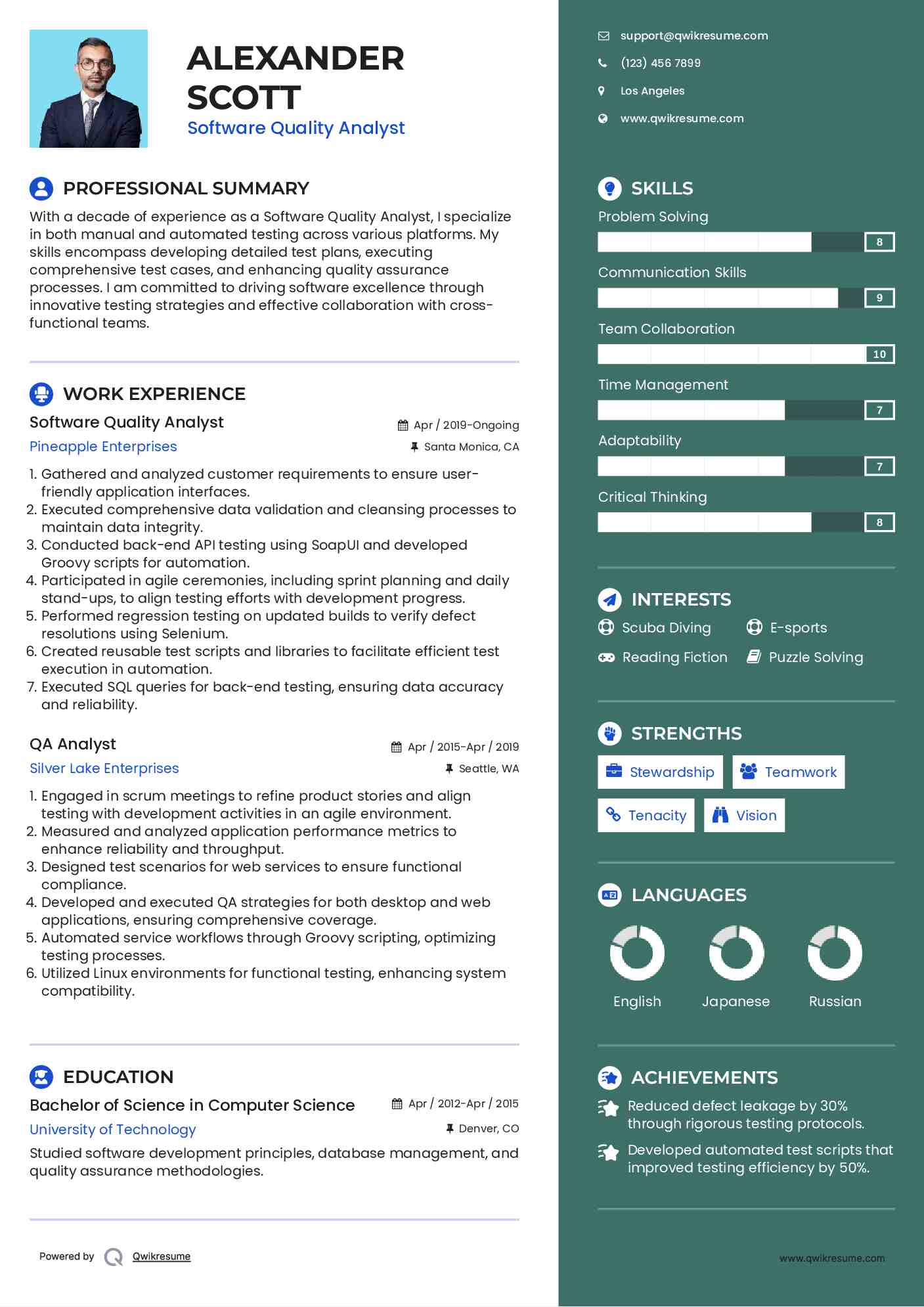 Software Quality Analyst Resume Example