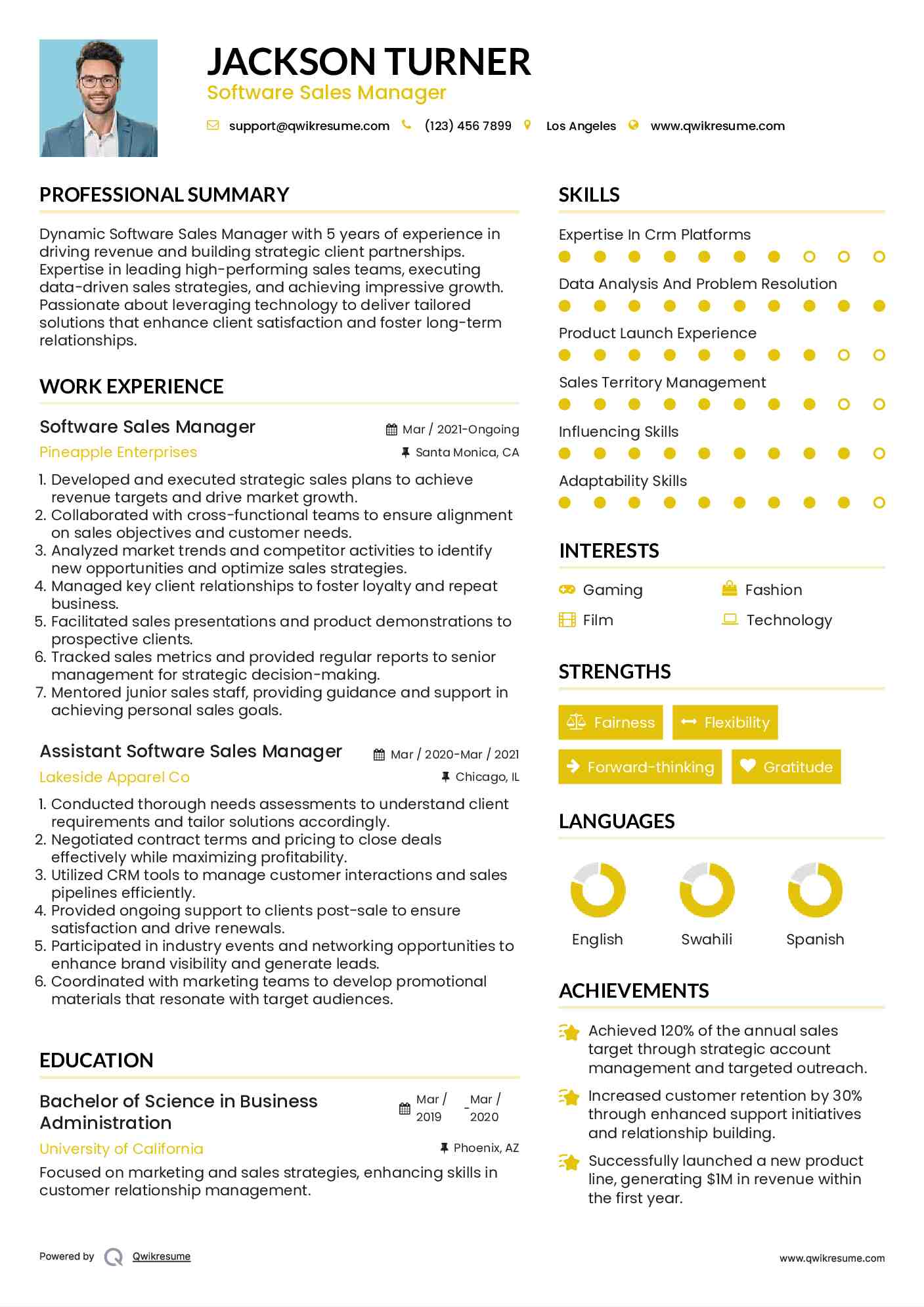 Software Sales Manager Resume Sample