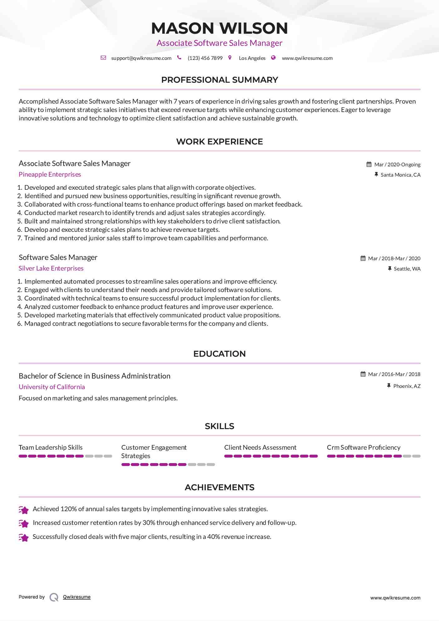 Associate Software Sales Manager Resume Model
