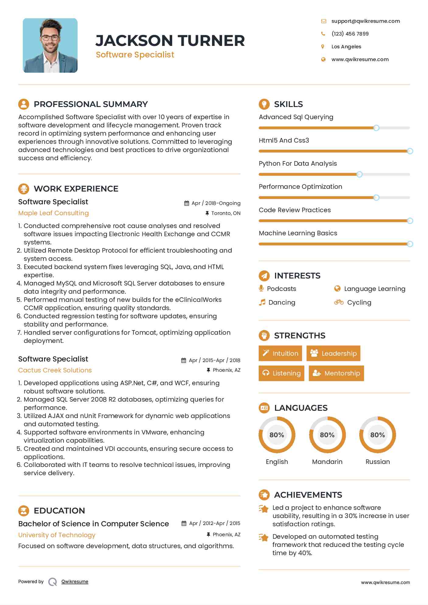 Software Specialist Resume Example