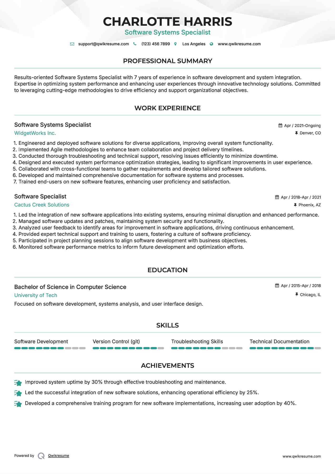 Software Systems Specialist Resume Template