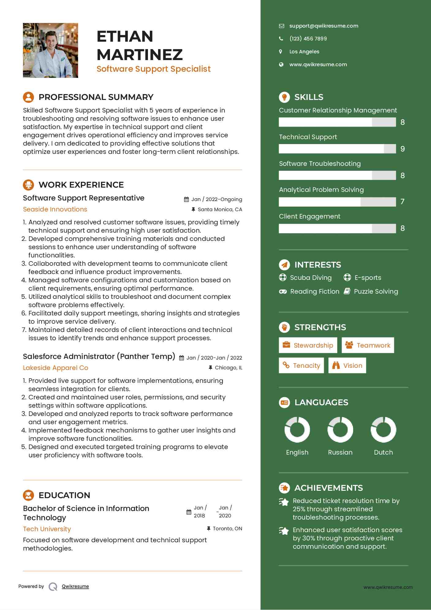 Software Support Representative Resume Example