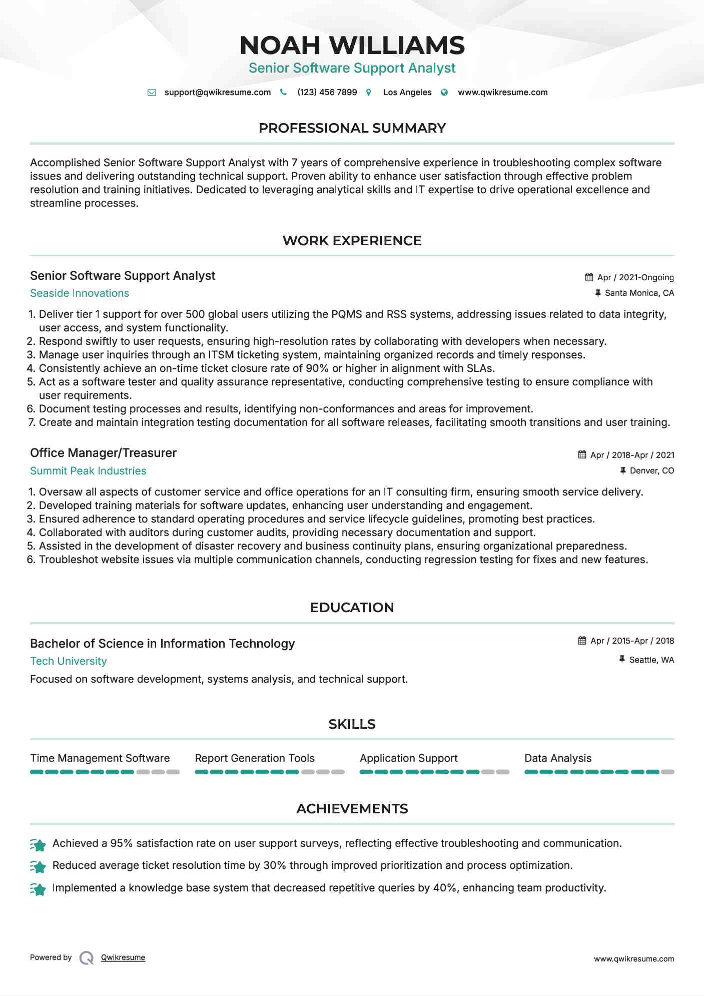 Senior Software Support Analyst Resume Sample