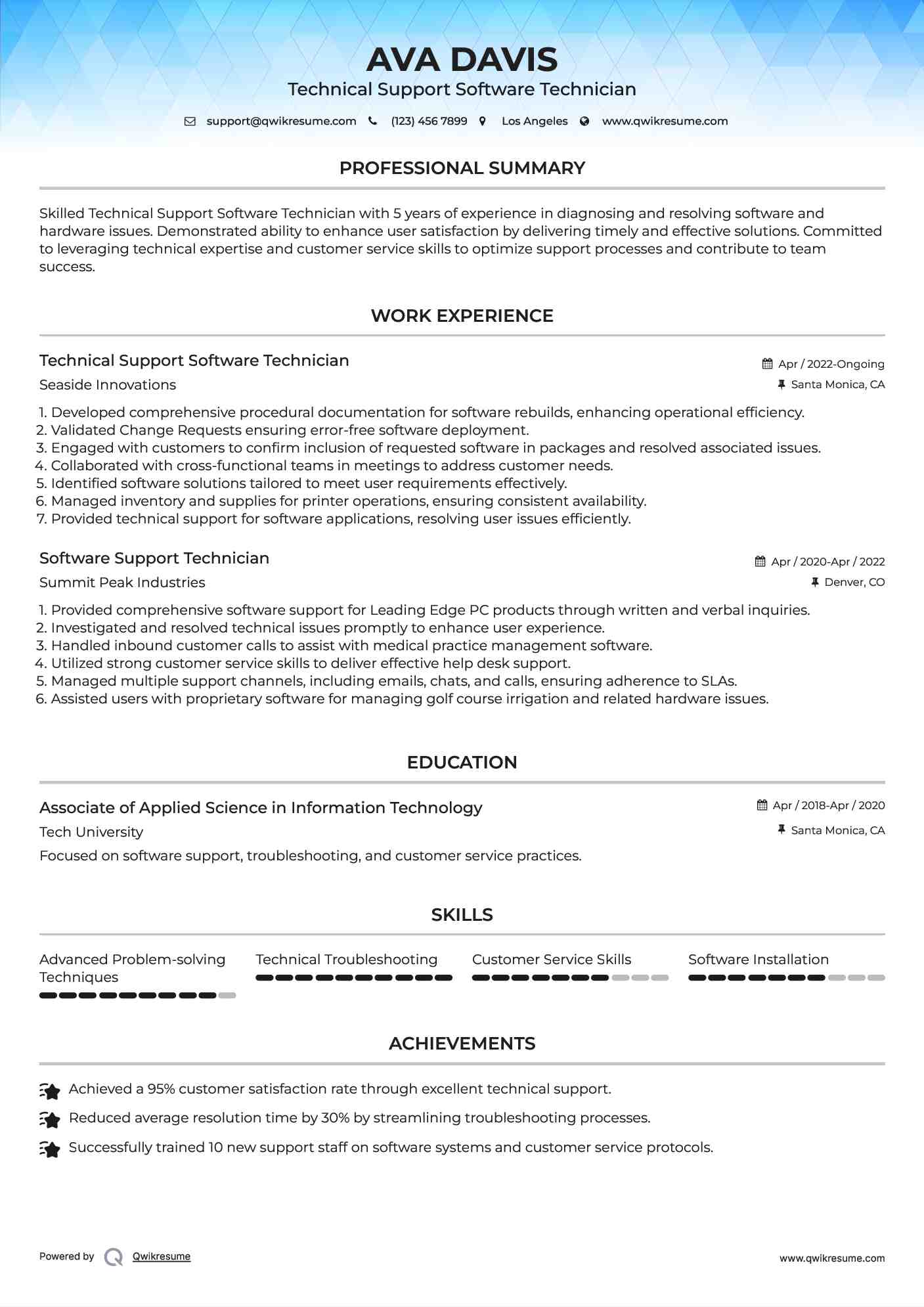 Technical Support Software Technician Resume Template