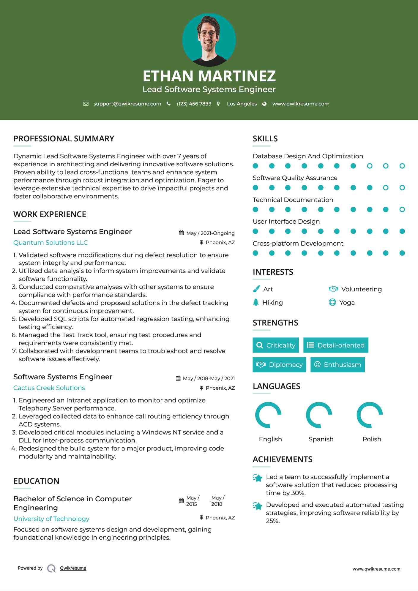 Lead Software Systems Engineer Resume Sample