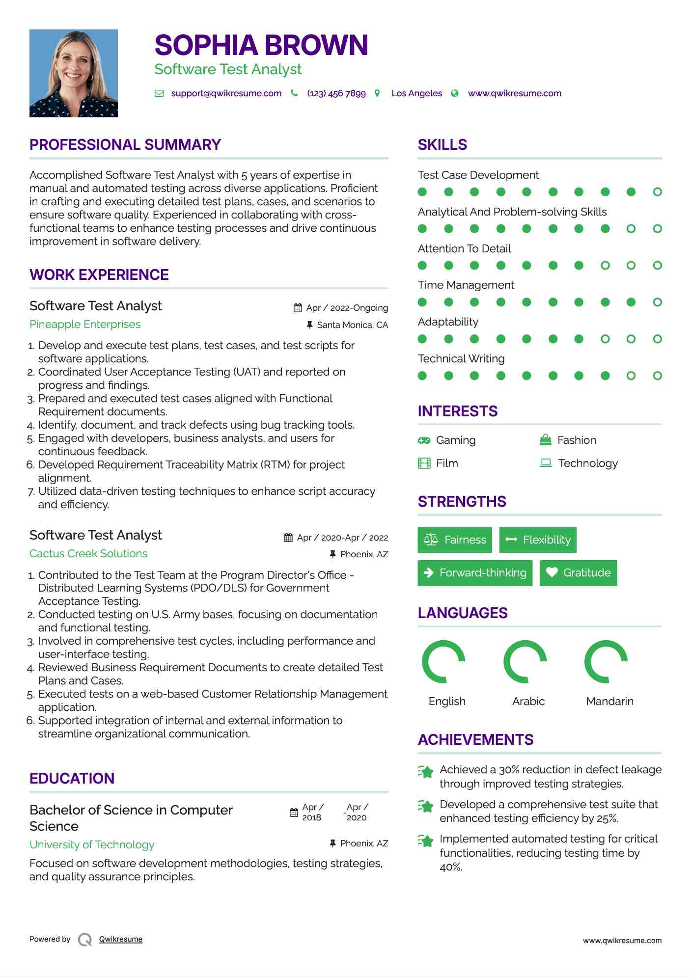Software Test Analyst Resume Model