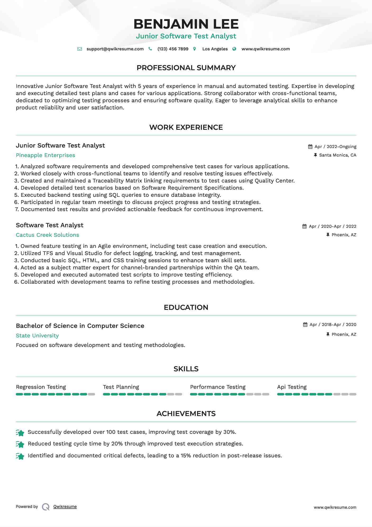 Junior Software Test Analyst  Resume Model