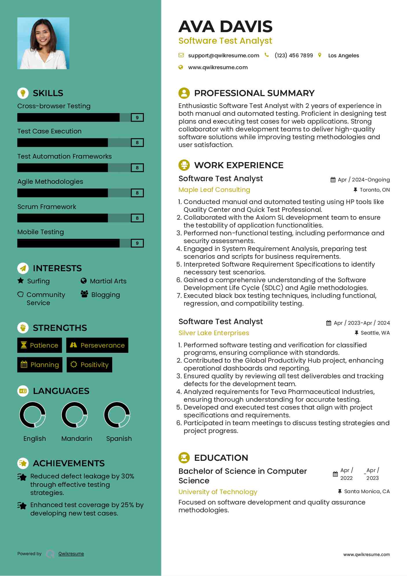 Software Test Analyst Resume Model