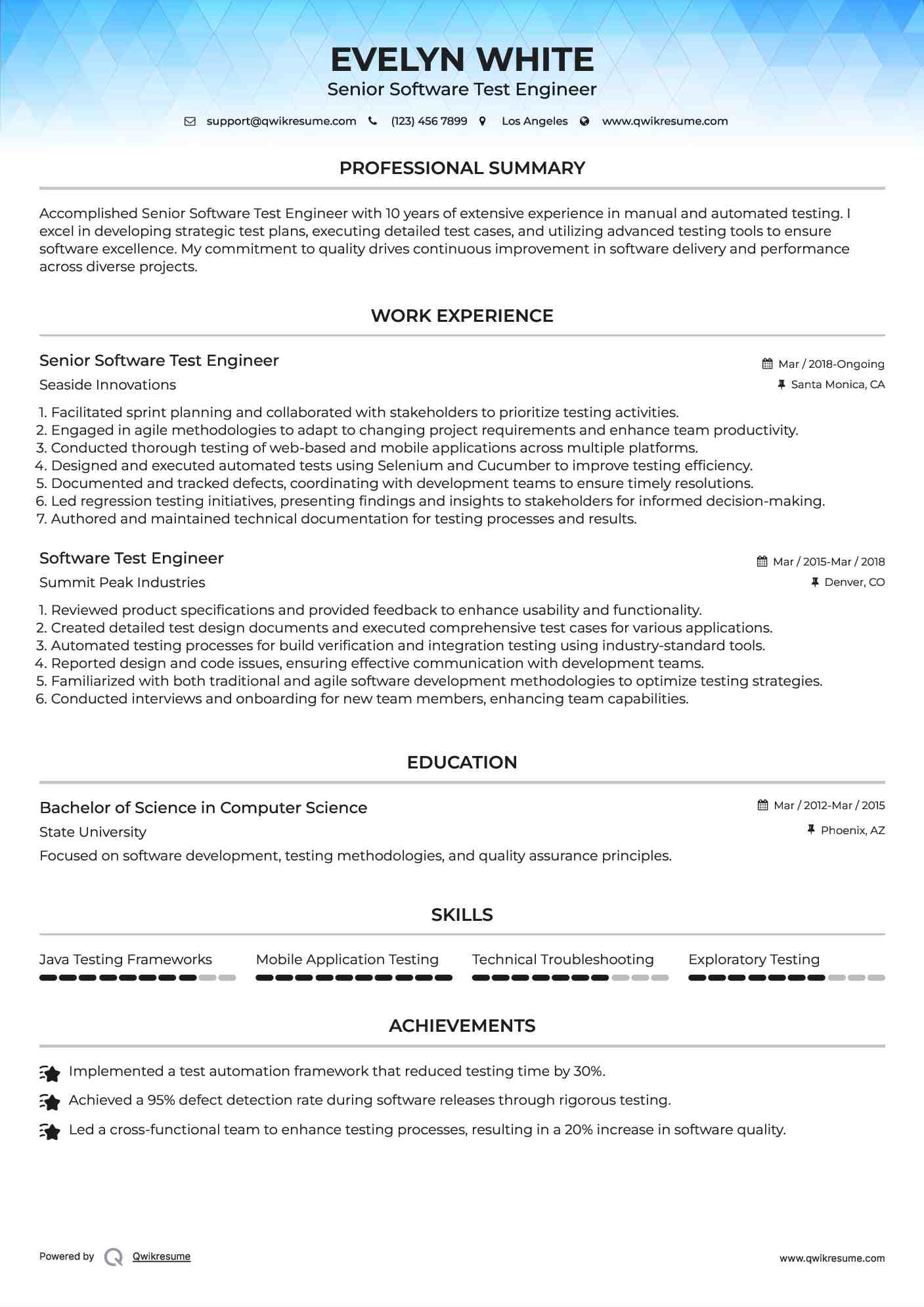 Senior Software Test Engineer Resume Sample