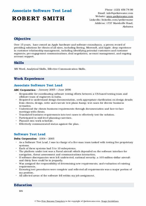 Software Test Lead Resume Samples QwikResume