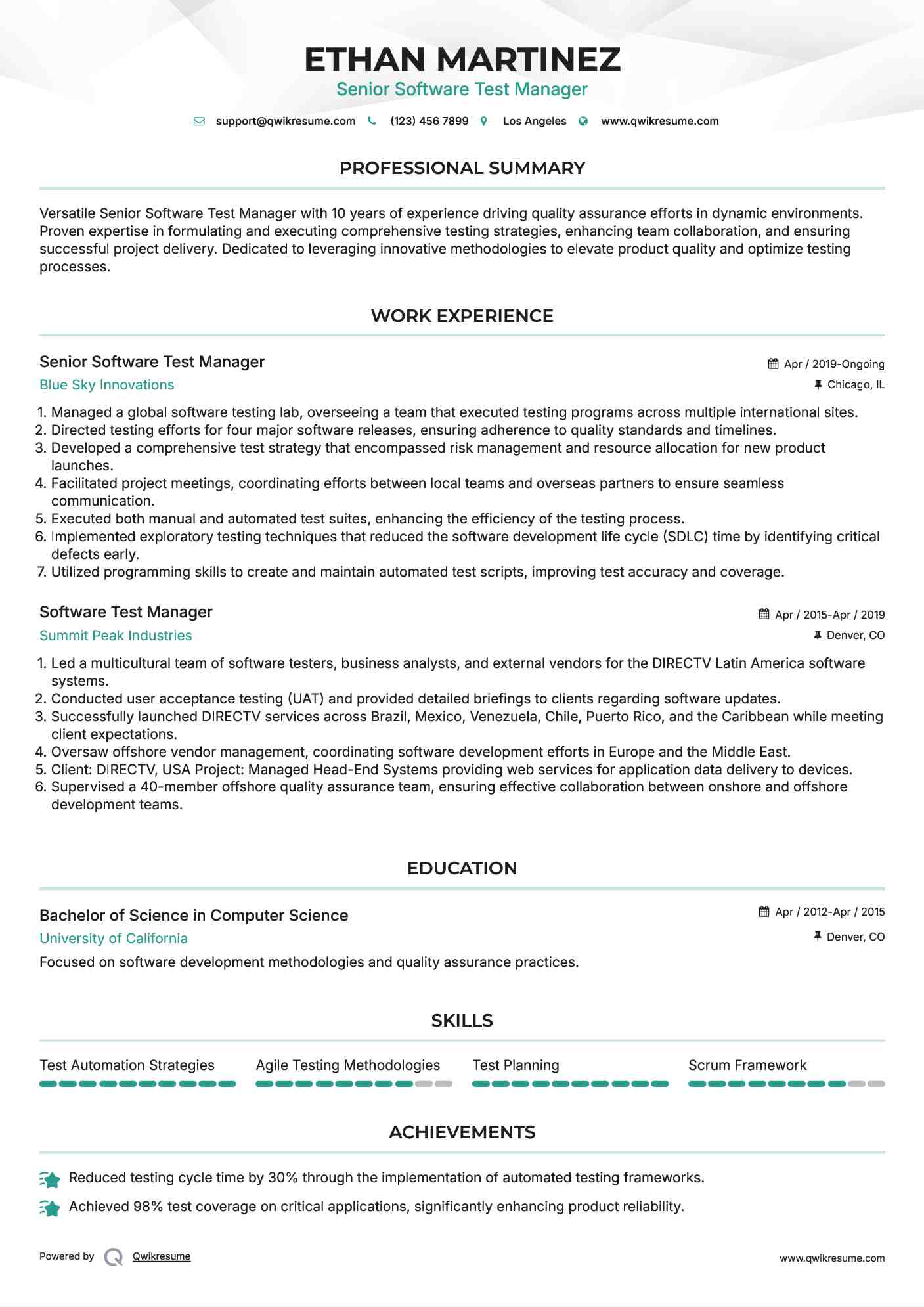Senior Software Test Manager  Resume Template