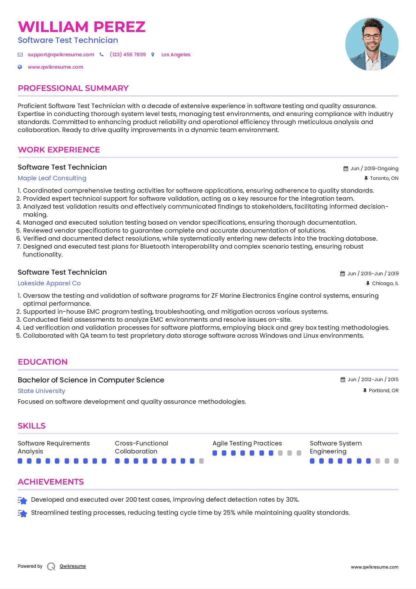 Software Test Technician Resume Sample