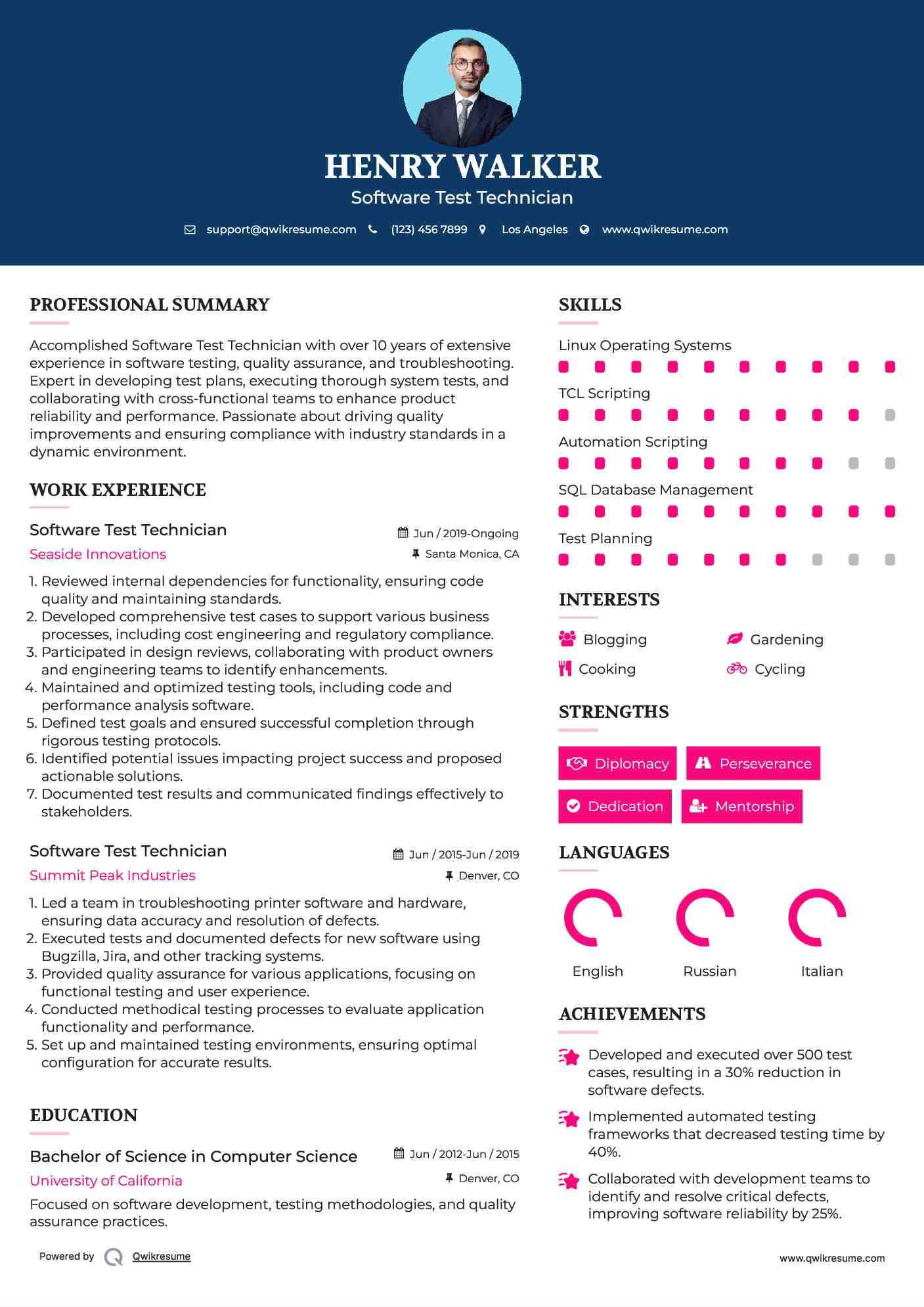 Software Test Technician Resume Format