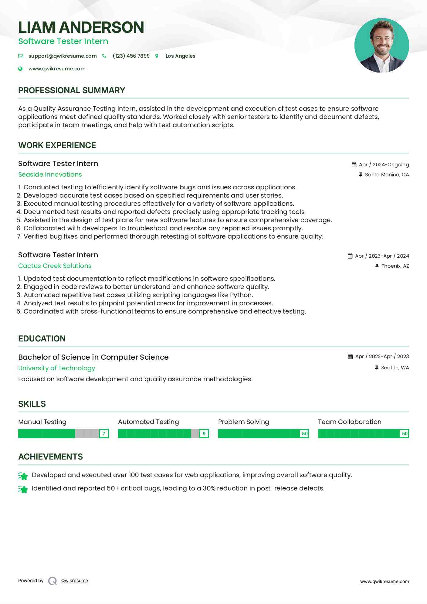 Software Tester Intern Resume Sample