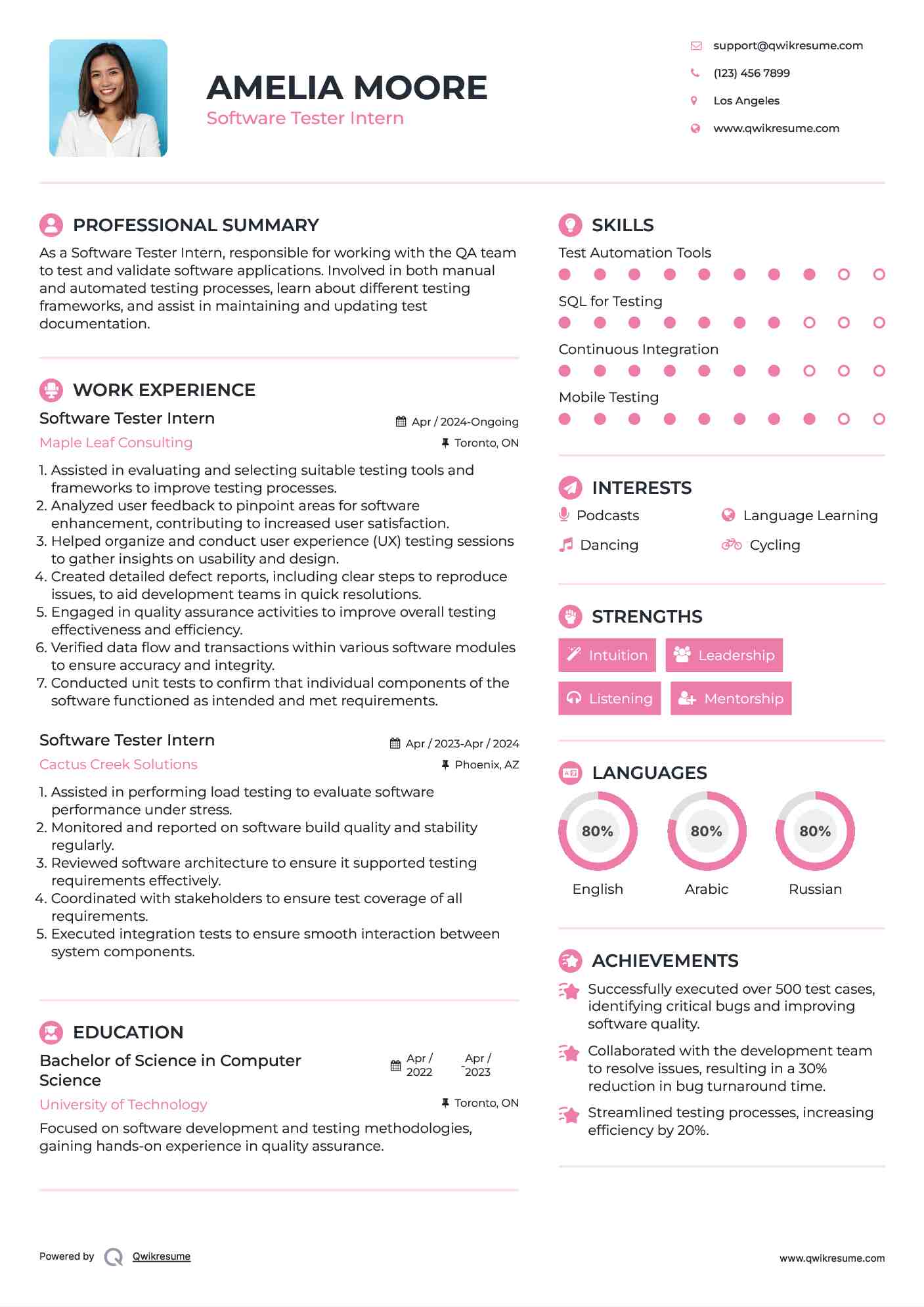 Software Tester Intern Resume Example