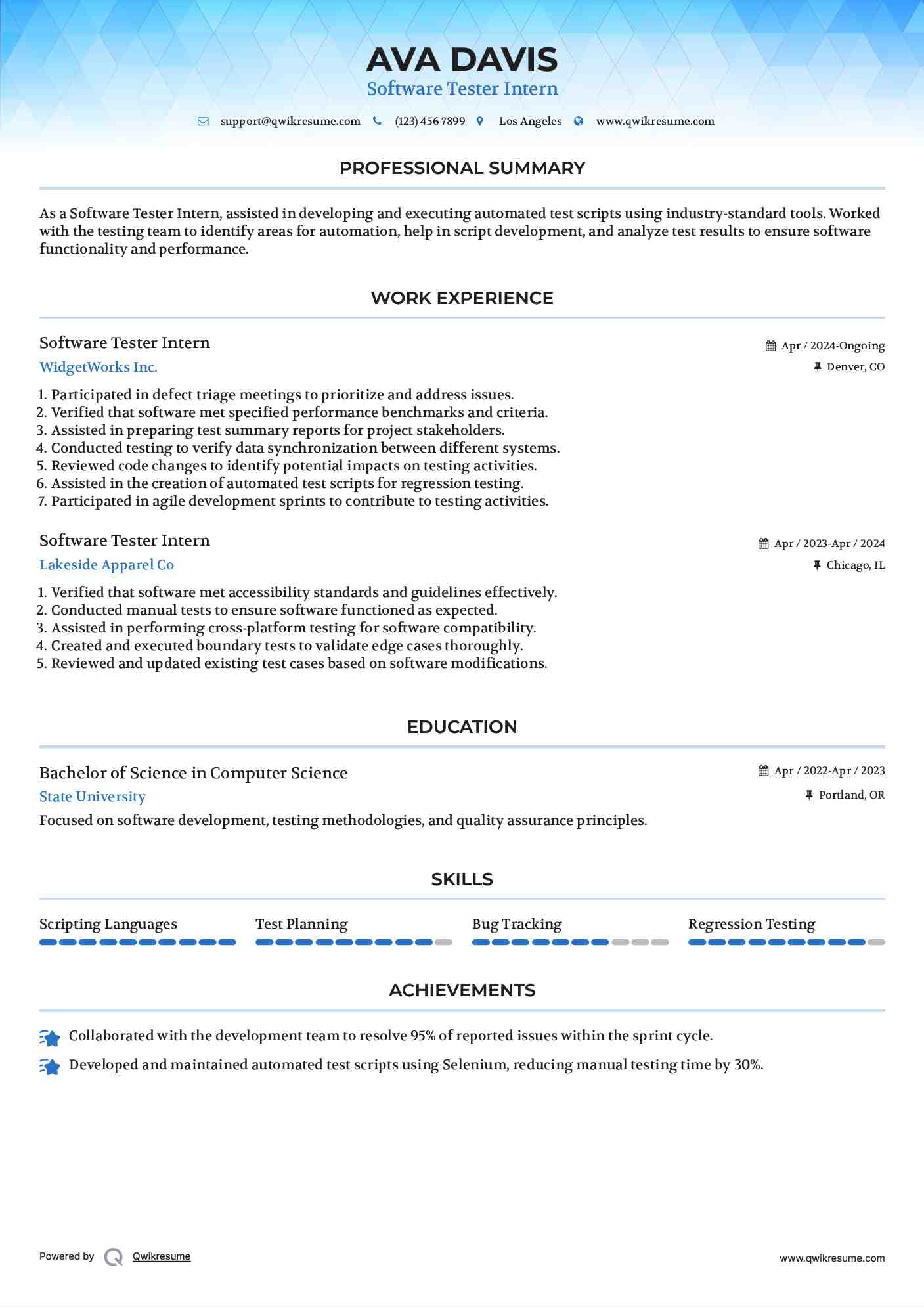 Software Tester Intern Resume Sample
