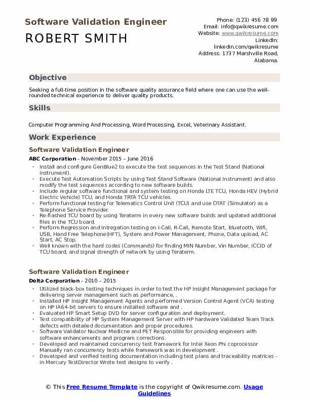 Software Validation Engineer Resume Samples QwikResume