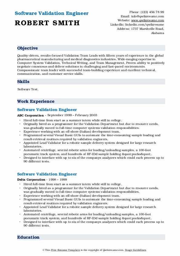 Software Validation Engineer Resume Samples QwikResume