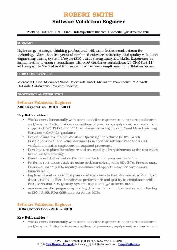 Software Validation Engineer Resume Samples QwikResume
