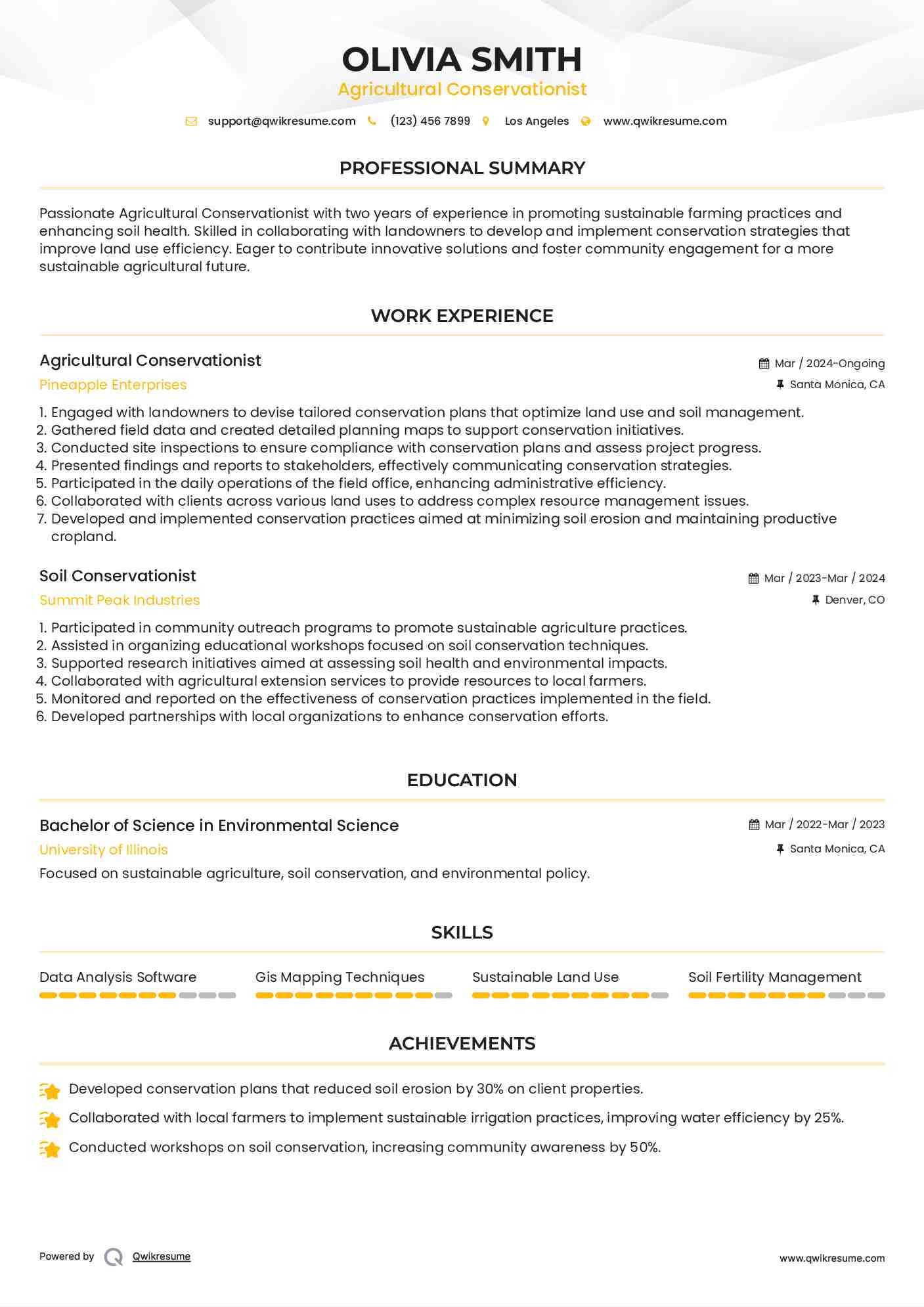 Agricultural Conservationist Resume Example