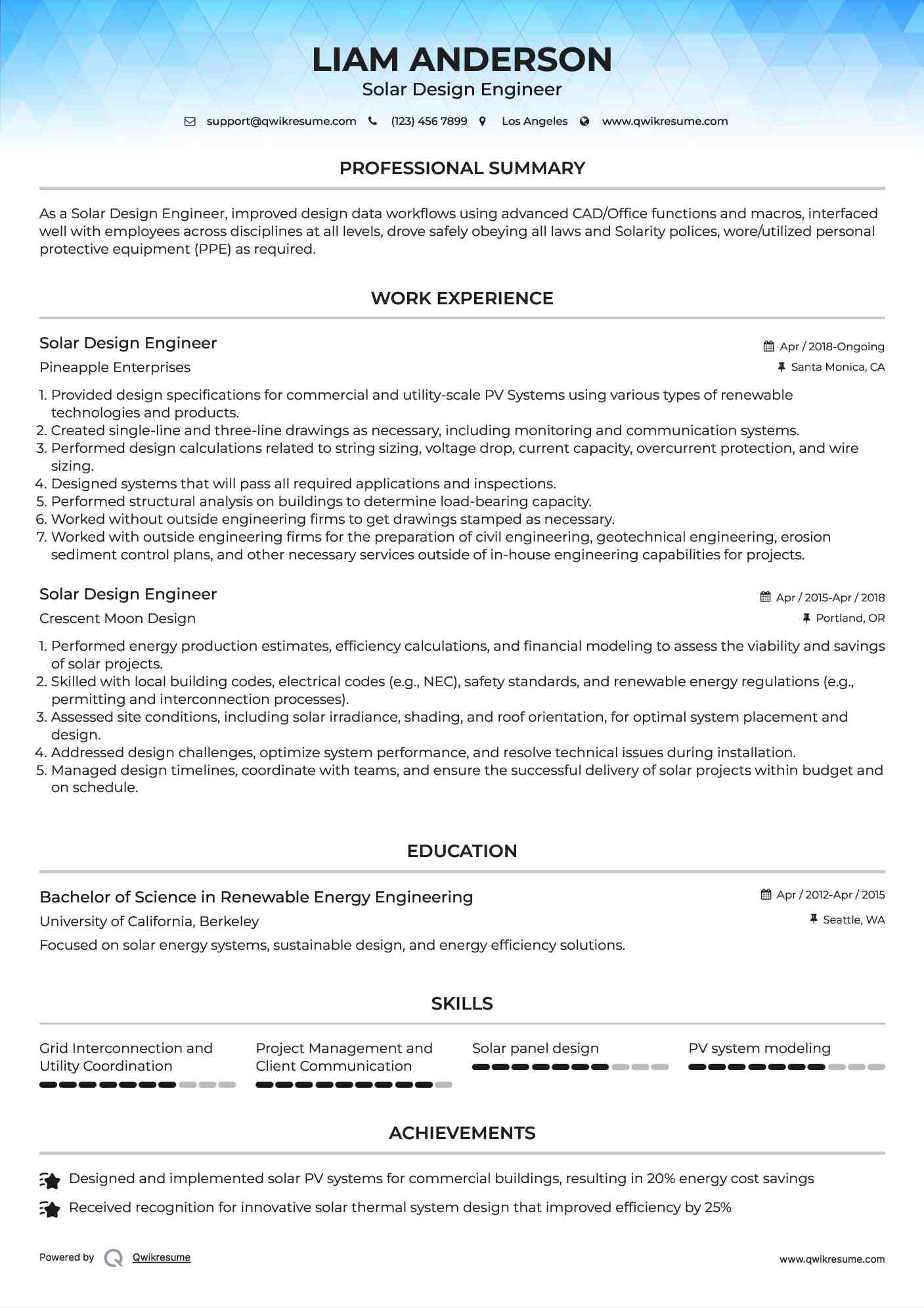 Solar Design Engineer Resume Template