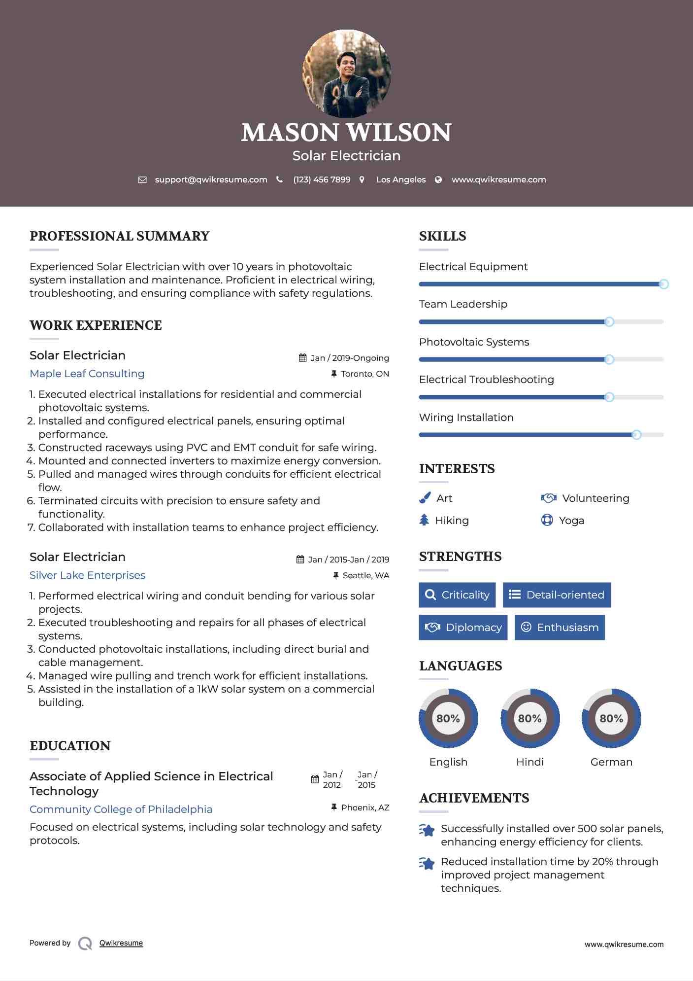 Solar Electrician Resume Sample