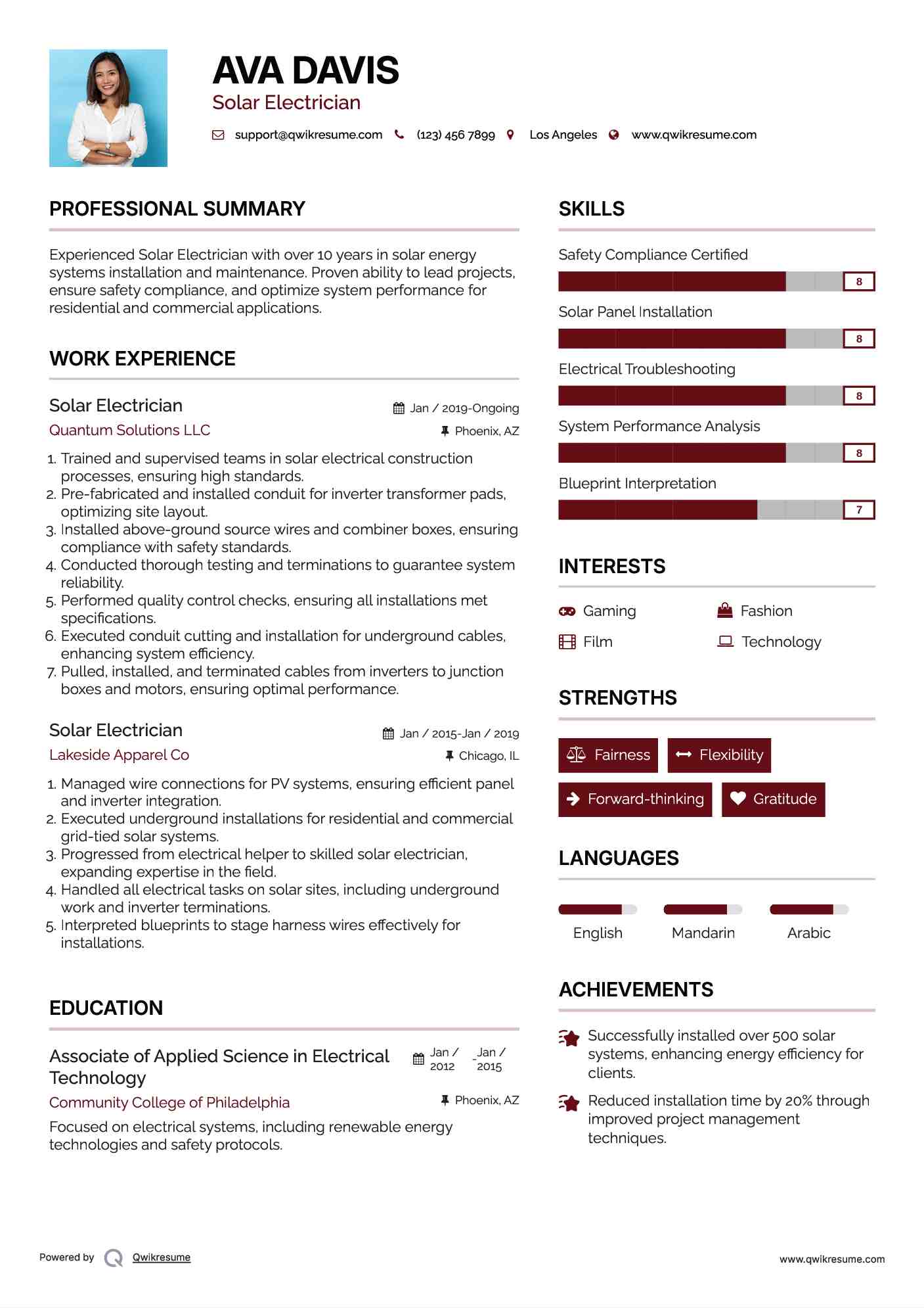 Solar Electrician Resume Sample