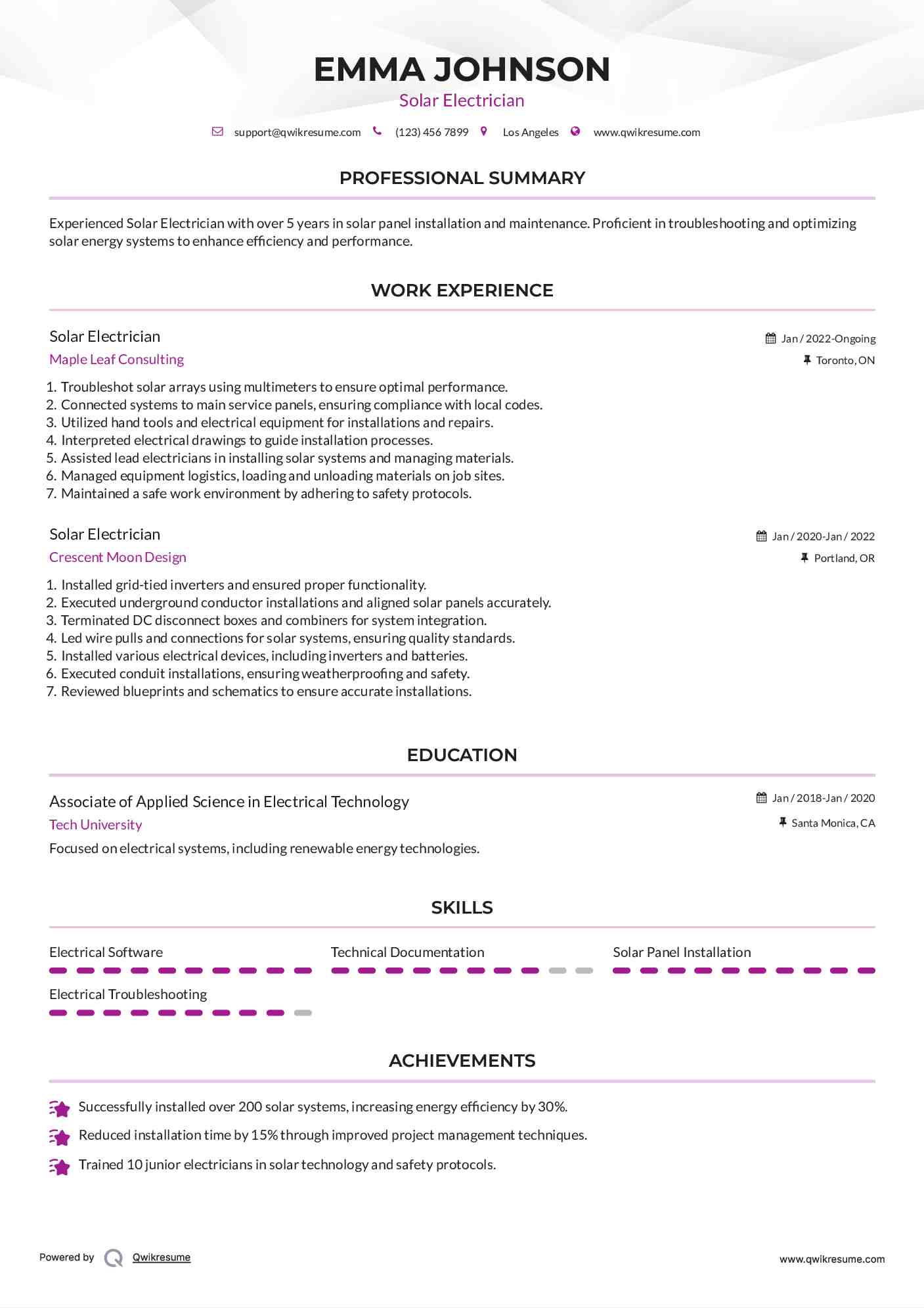 Solar Electrician Resume Template