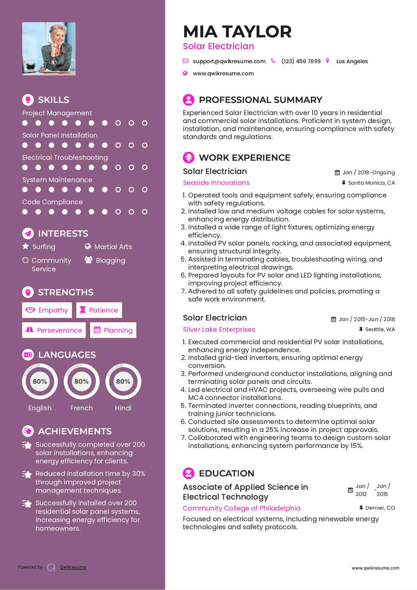 Solar Electrician Resume Model