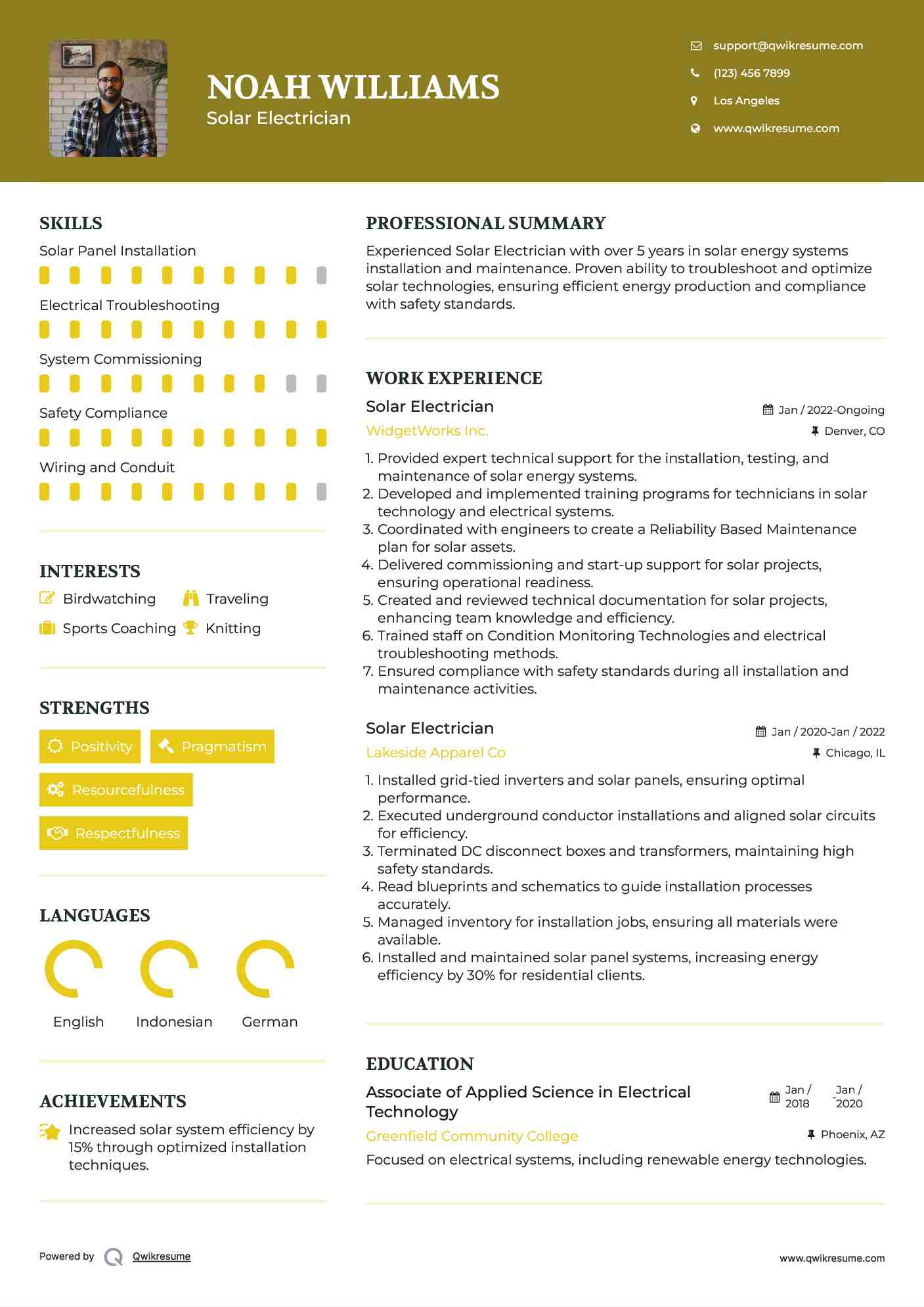Solar Electrician Resume Example