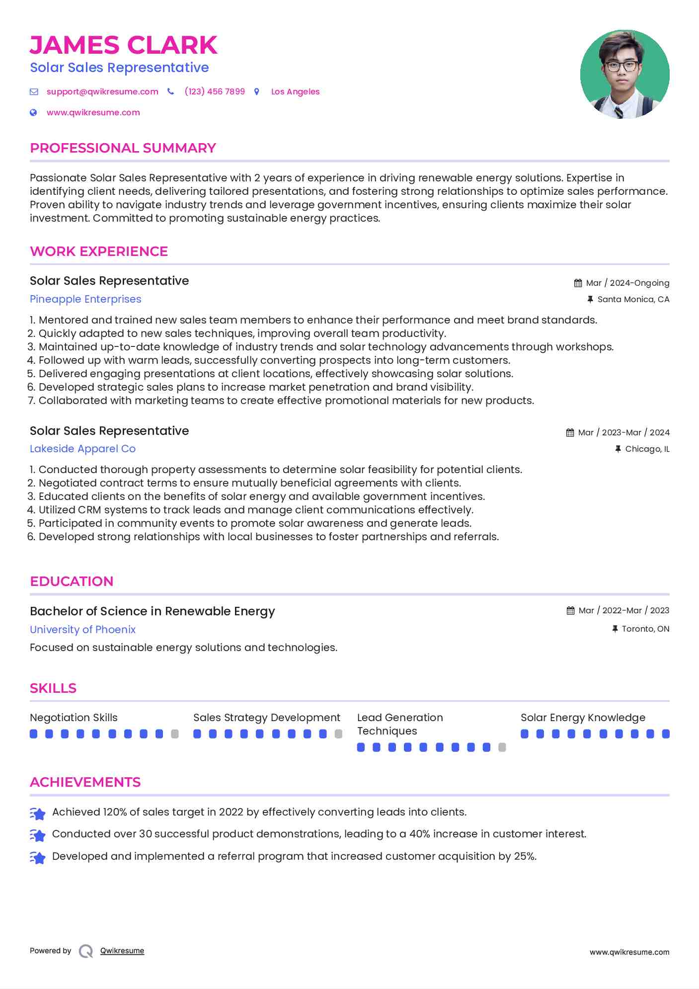Solar Sales Representative Resume Template