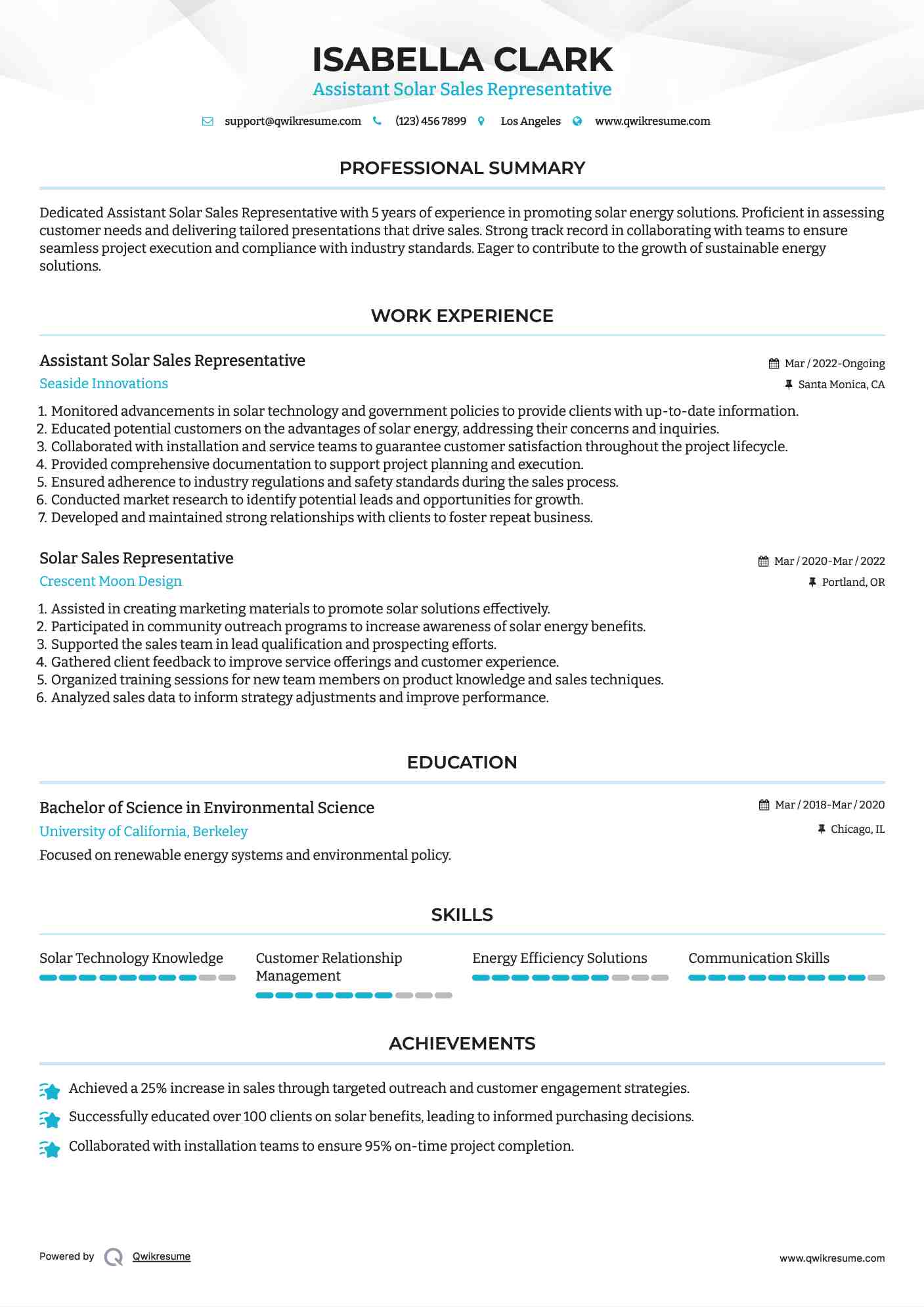 Assistant Solar Sales Representative Resume Template