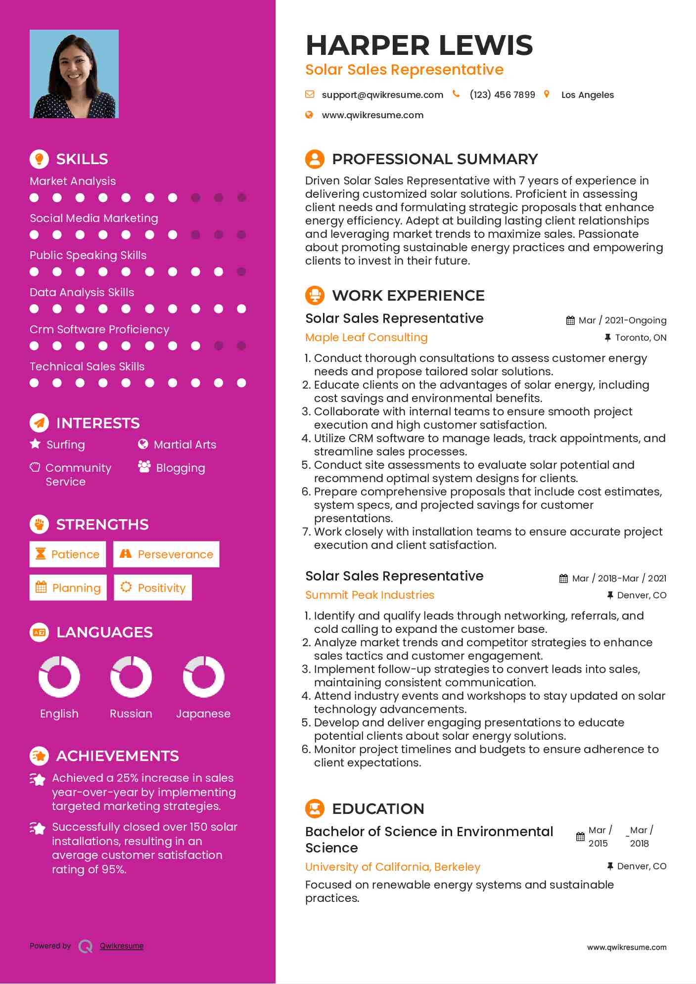 Solar Sales Representative Resume Sample
