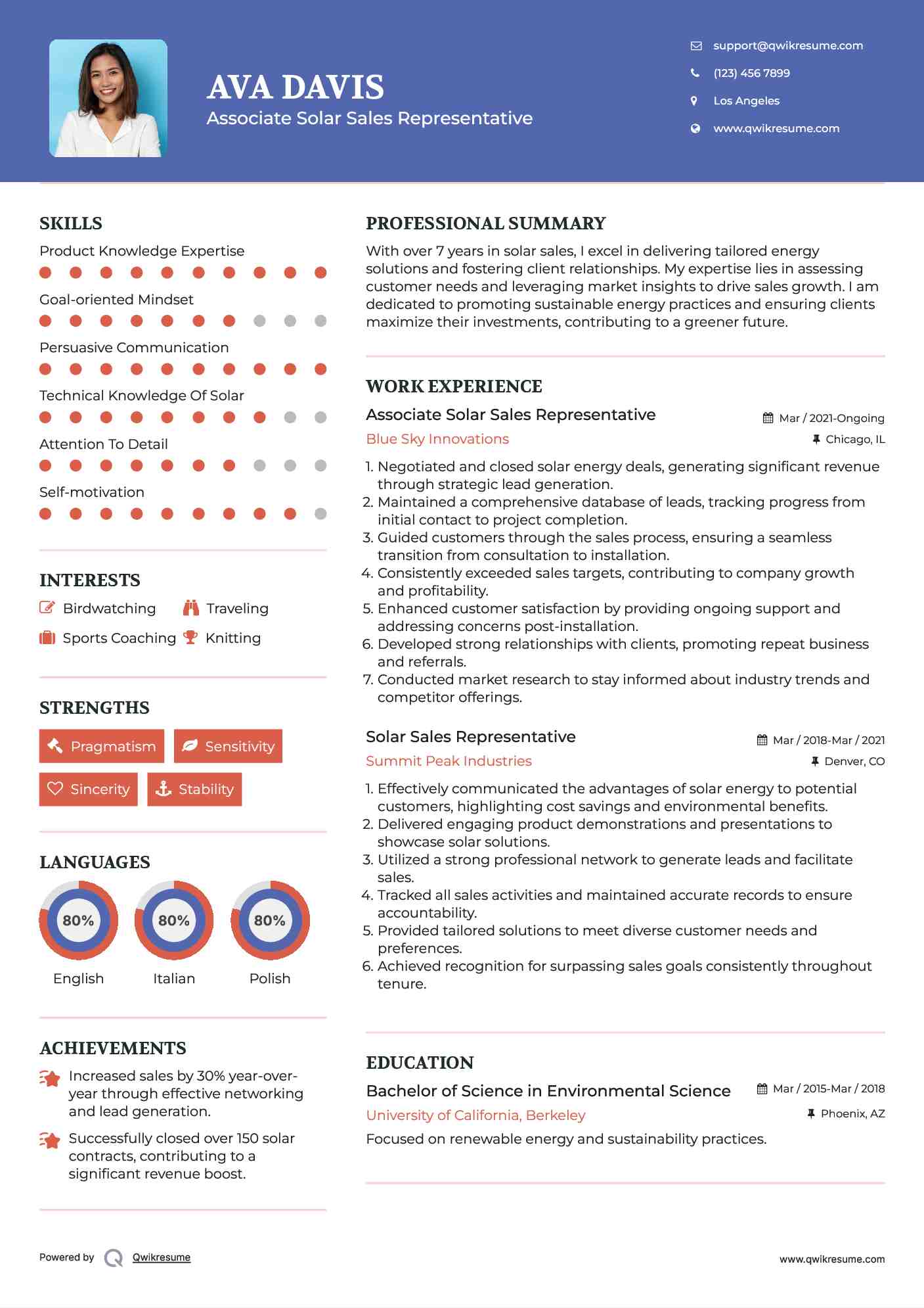 Associate Solar Sales Representative Resume Sample