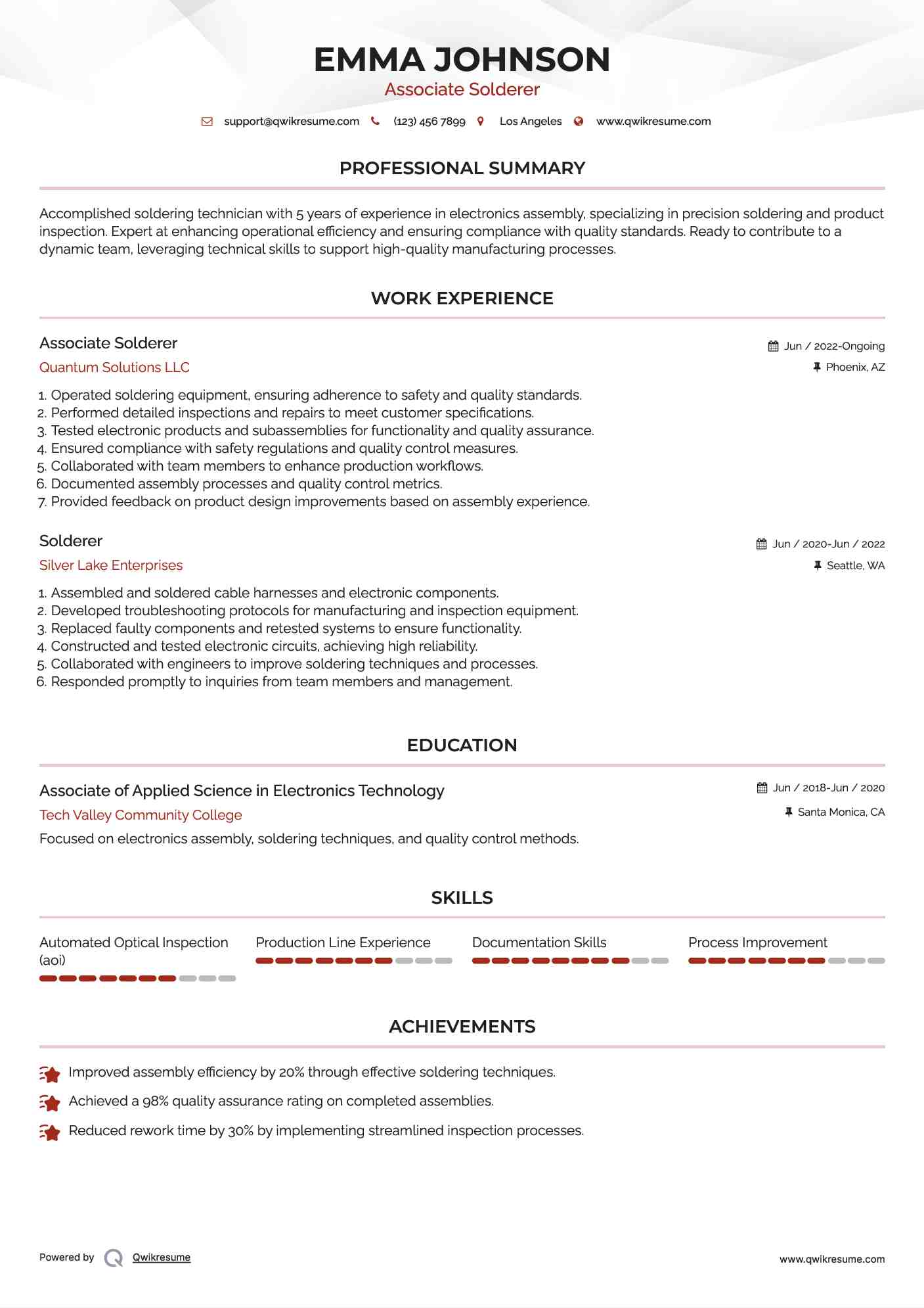 Associate Solderer Resume Example