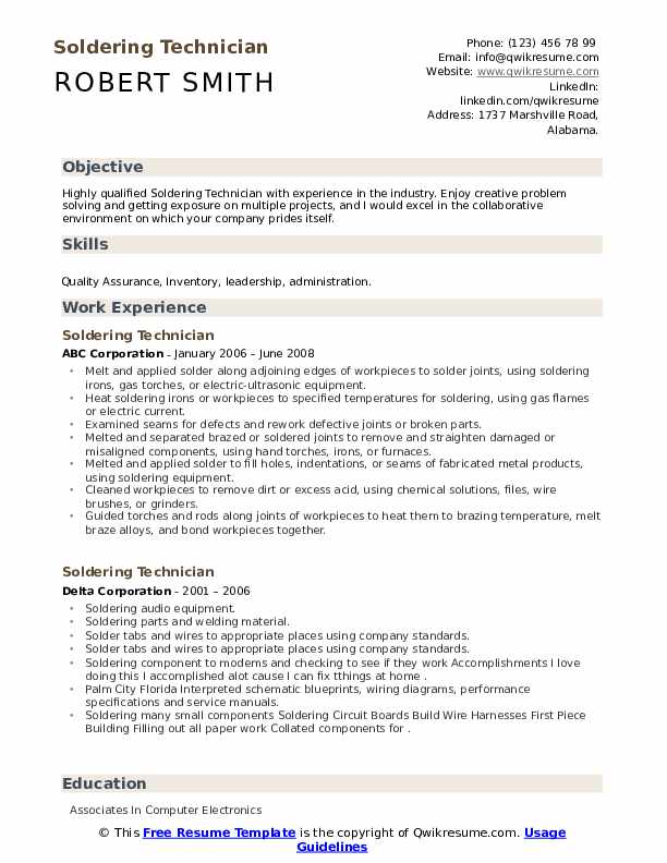 Soldering Technician Resume Samples QwikResume