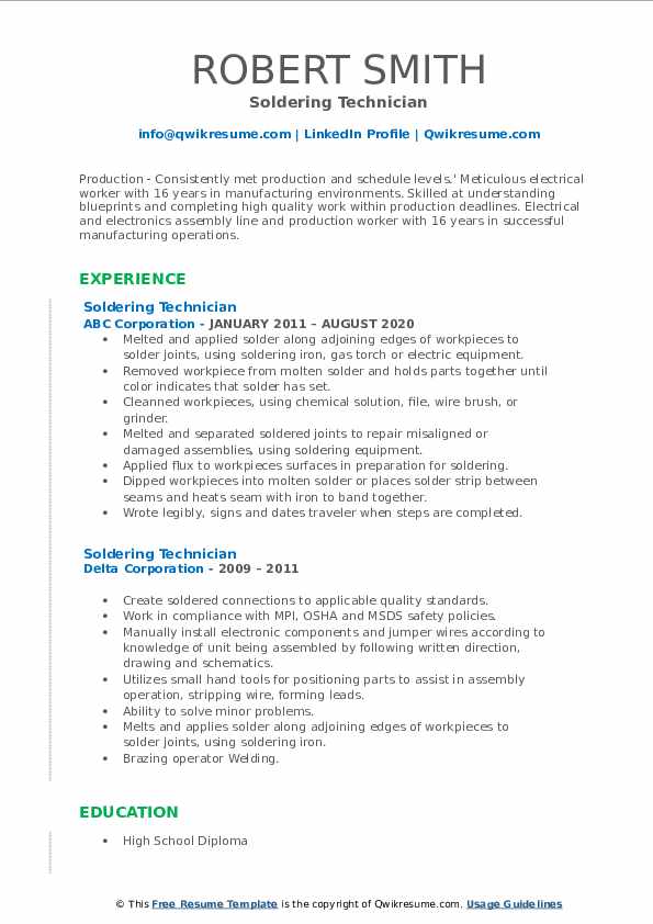 Soldering Technician Resume Samples QwikResume