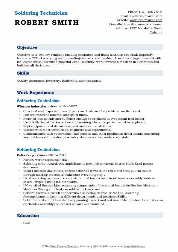 Soldering Technician Resume Samples QwikResume