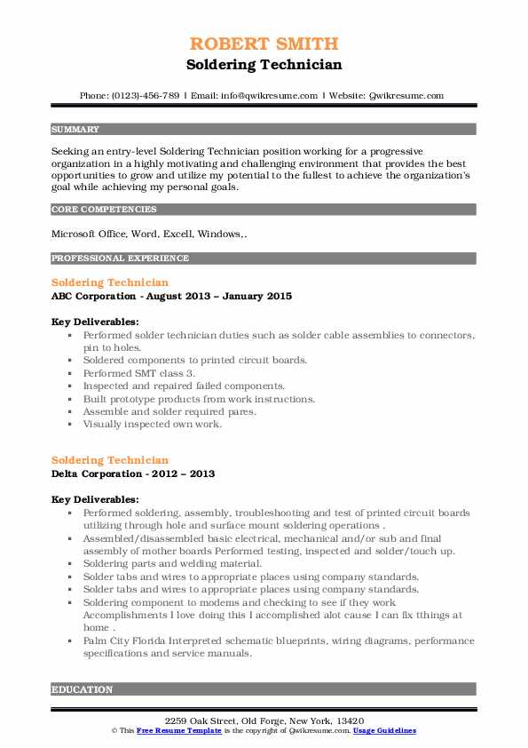 Soldering Technician Resume Samples QwikResume