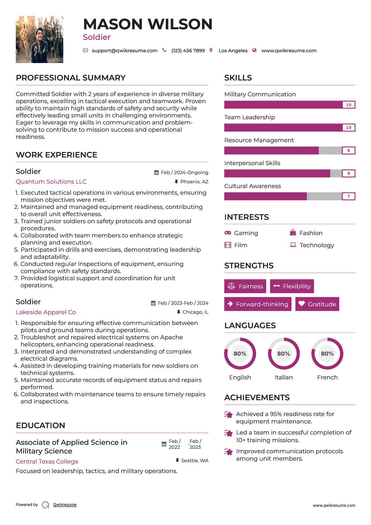 Soldier Resume Sample