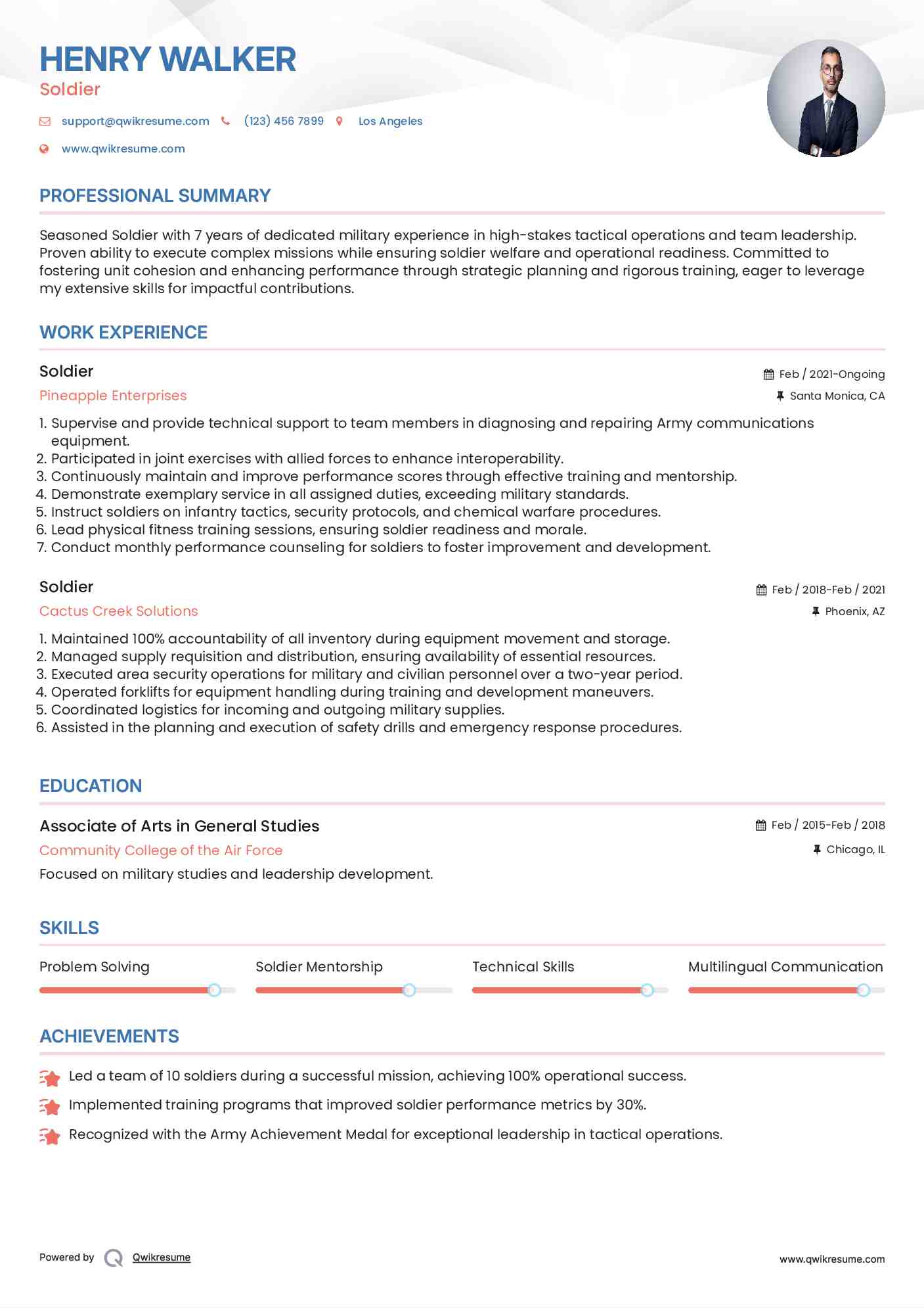 Soldier Resume Model