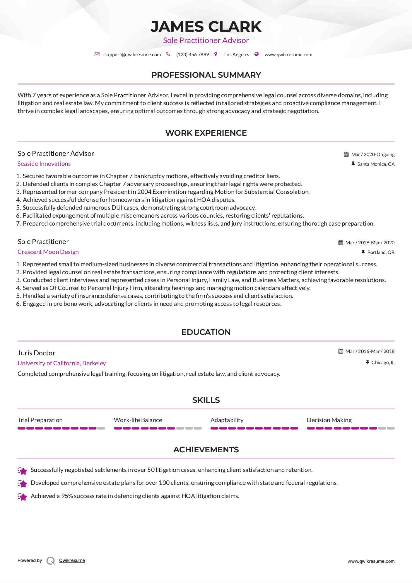Sole Practitioner Advisor Resume Sample