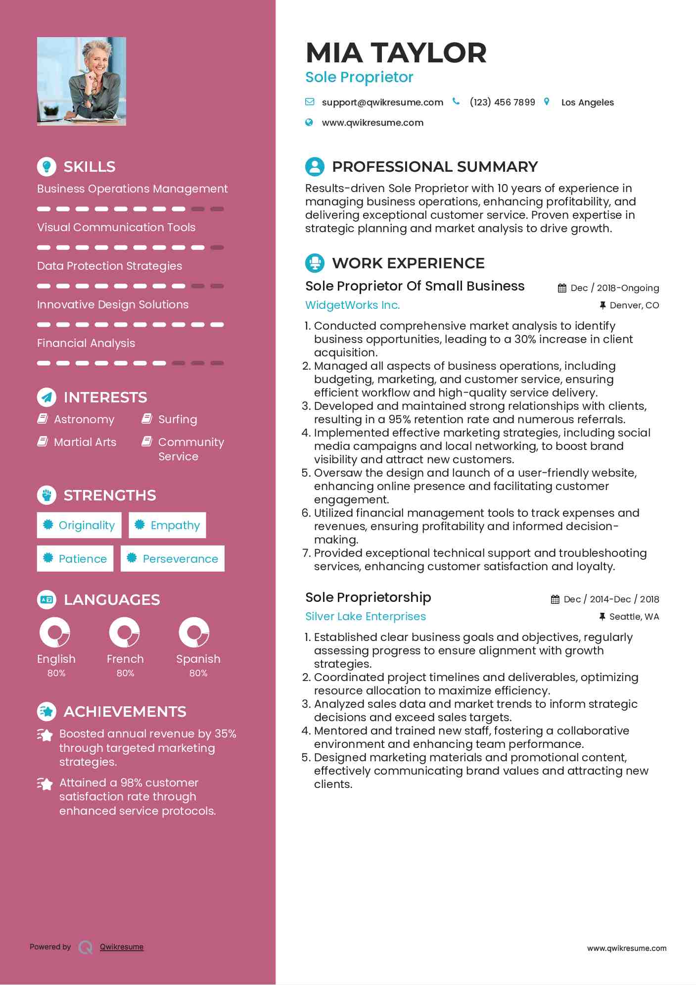 Sole Proprietor Resume Samples QwikResume