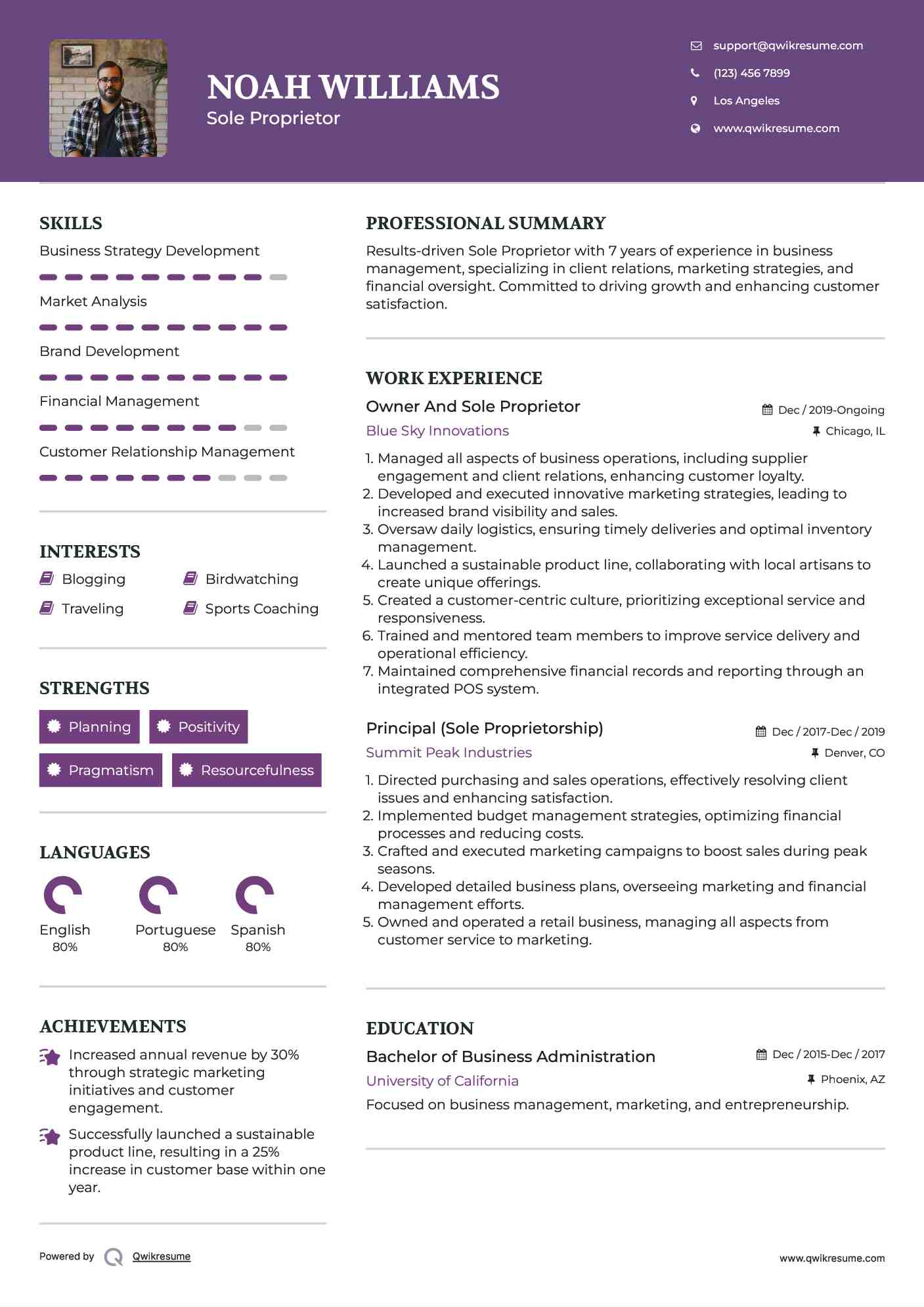 Sole Proprietor Resume Samples QwikResume