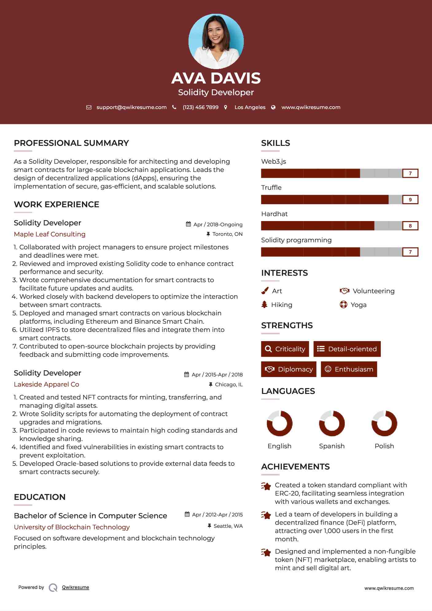Solidity Developer Resume Sample