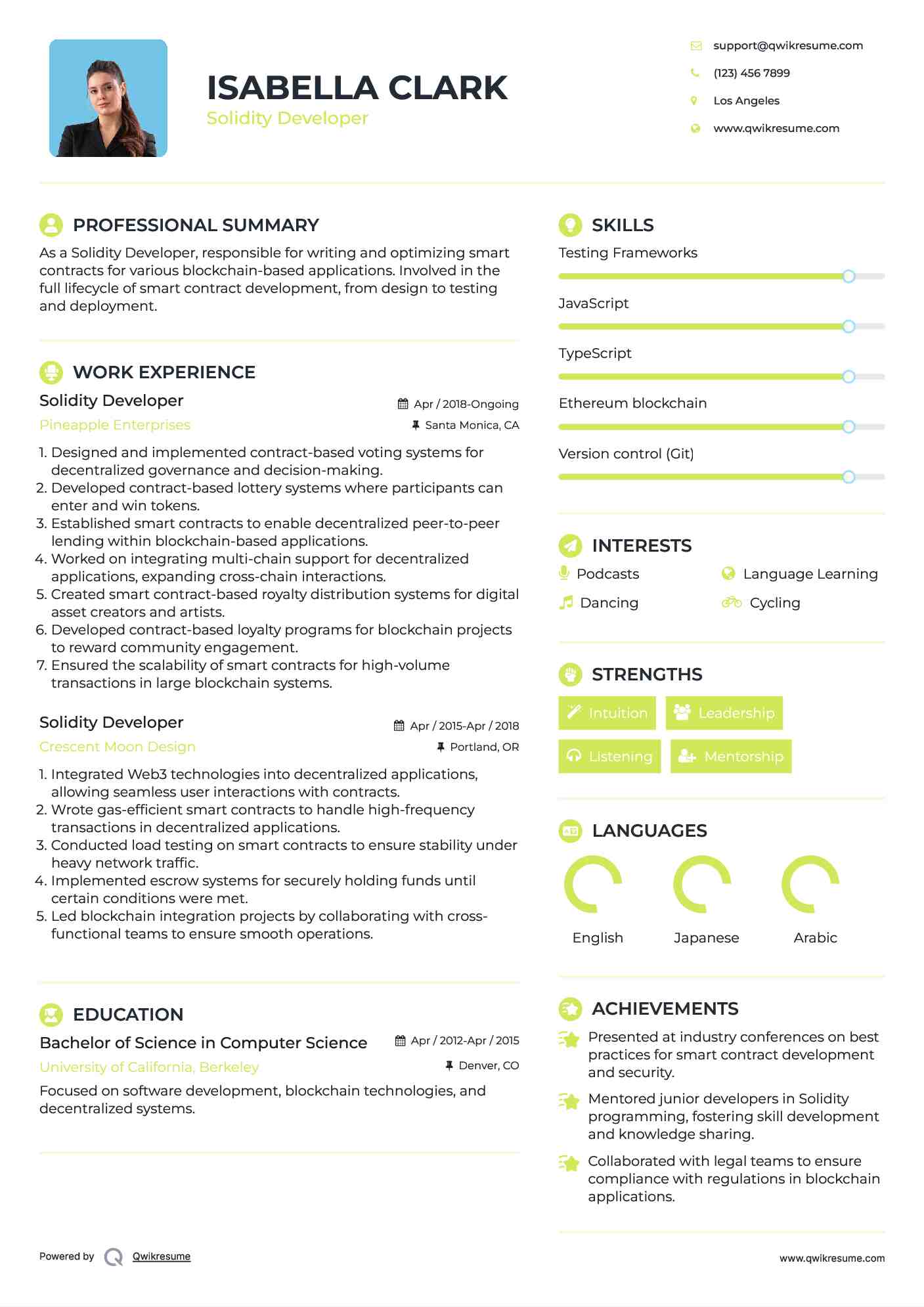 Solidity Developer Resume Sample